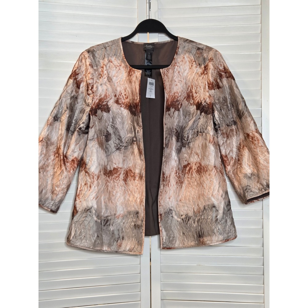 Chico's Travelers Pleated Artisan Jacket 1 M Multi Earth Tone Open Front NWT
